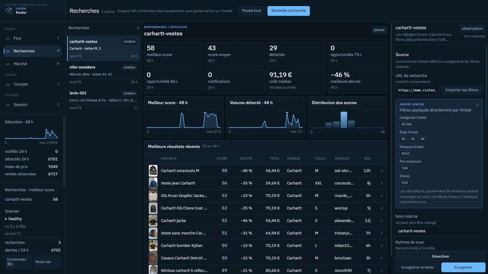 Gestion des recherches personnalisées dans Vinted Radar